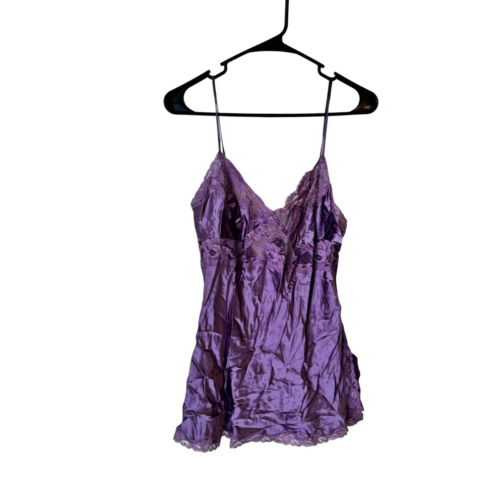 Purple Satin Lace Trim Chemise V-Neck Tie Back Mini Nightie Sleeveless Lingerie